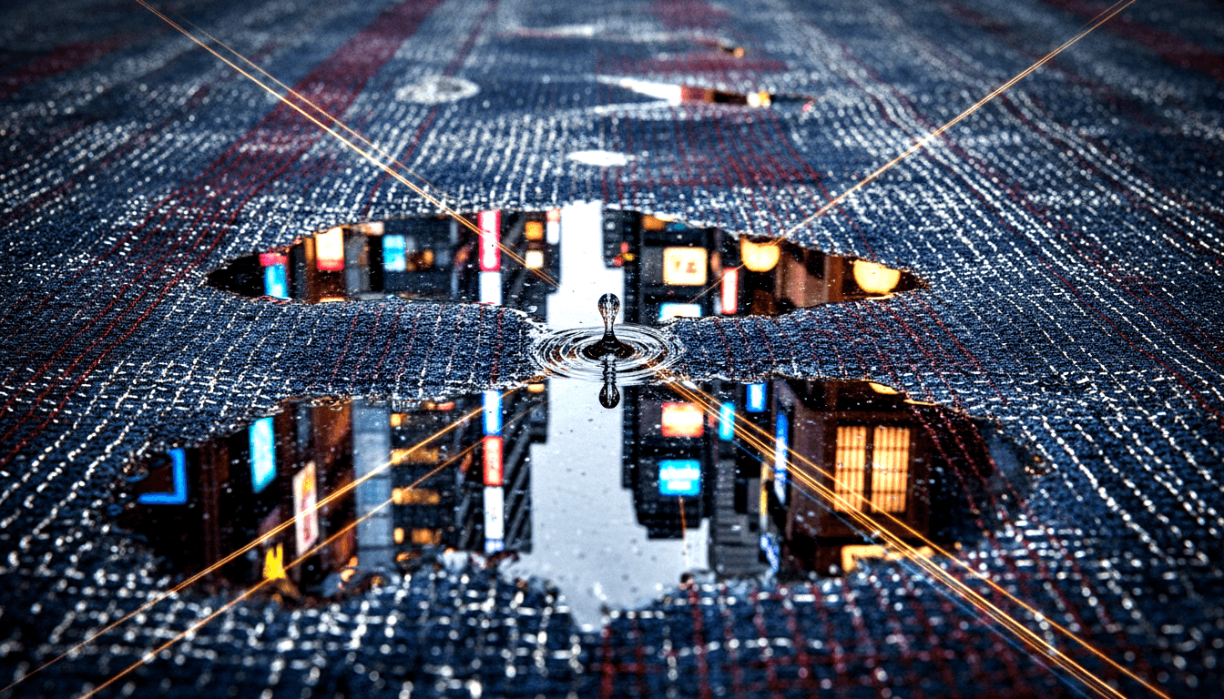 Navy woven fabric with red crosshatch and a gap revealing a mirror puddle with a crown-splash water droplet and neon building reflections.