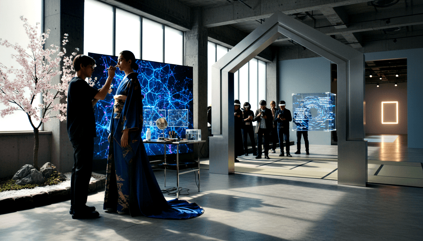 Stylist adjusts a tall model in a cobalt-blue kimono inside an industrial gallery where visitors in VR headsets observe a glowing acrylic cube.