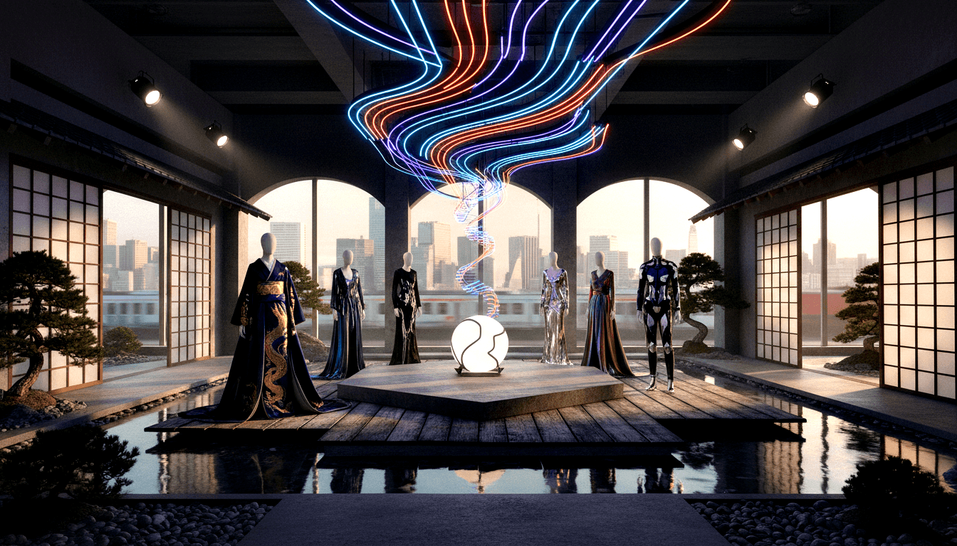 Six headless mannequins in dark garments on a hexagonal platform with a glowing orb and neon double-helix sculpture, flanked by bonsai trees.