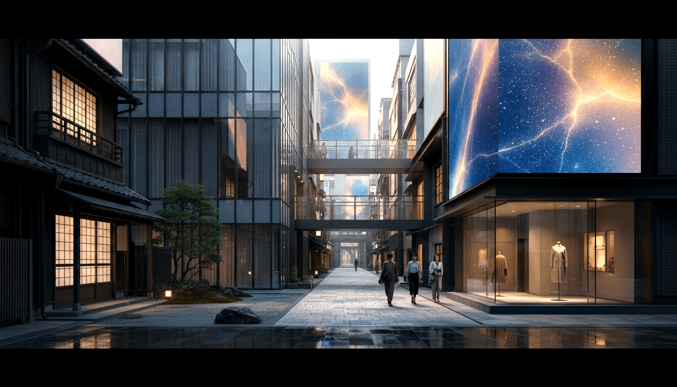 Narrow urban corridor at dusk with traditional timber shoji townhouses on left and glass-steel facades with nebula display on right.