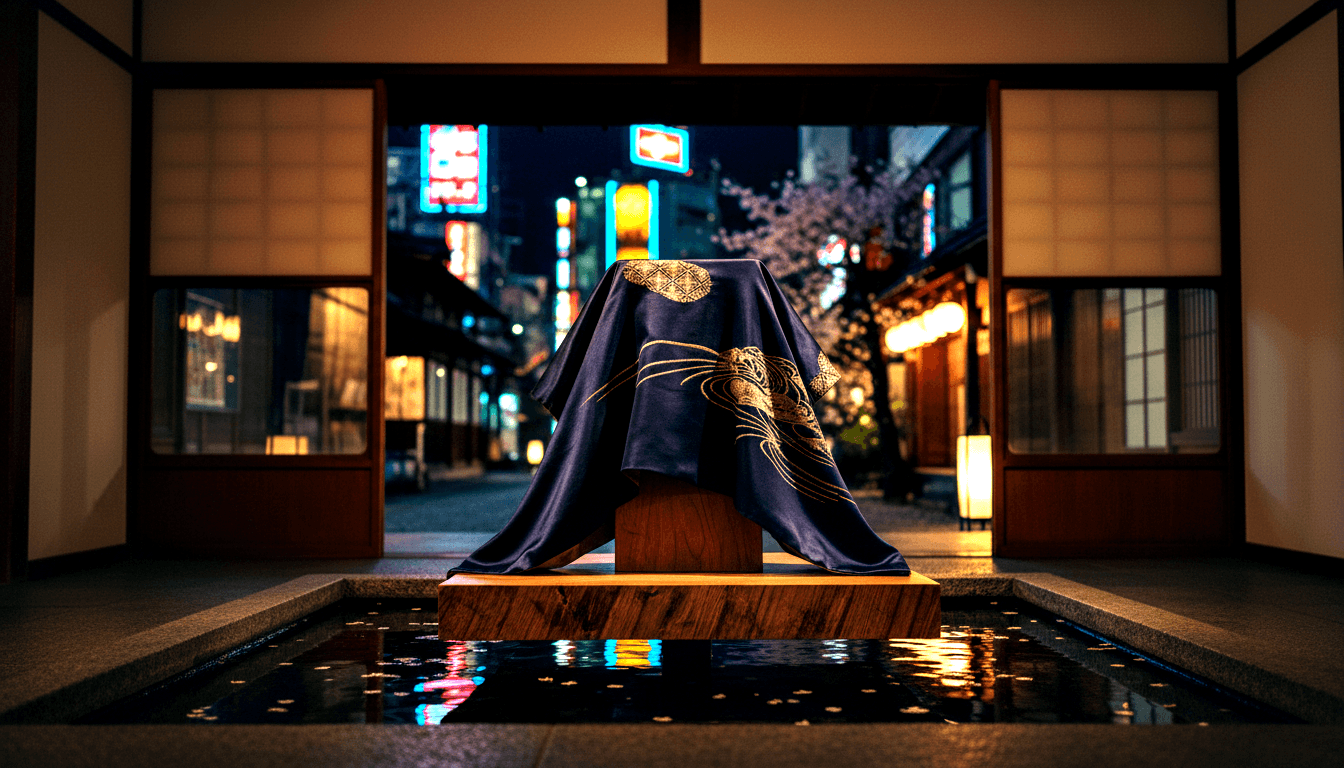 Dark navy silk cloth with gold wave and geometric embroidery draped over a wooden pedestal in a traditional Japanese room with shoji screens.