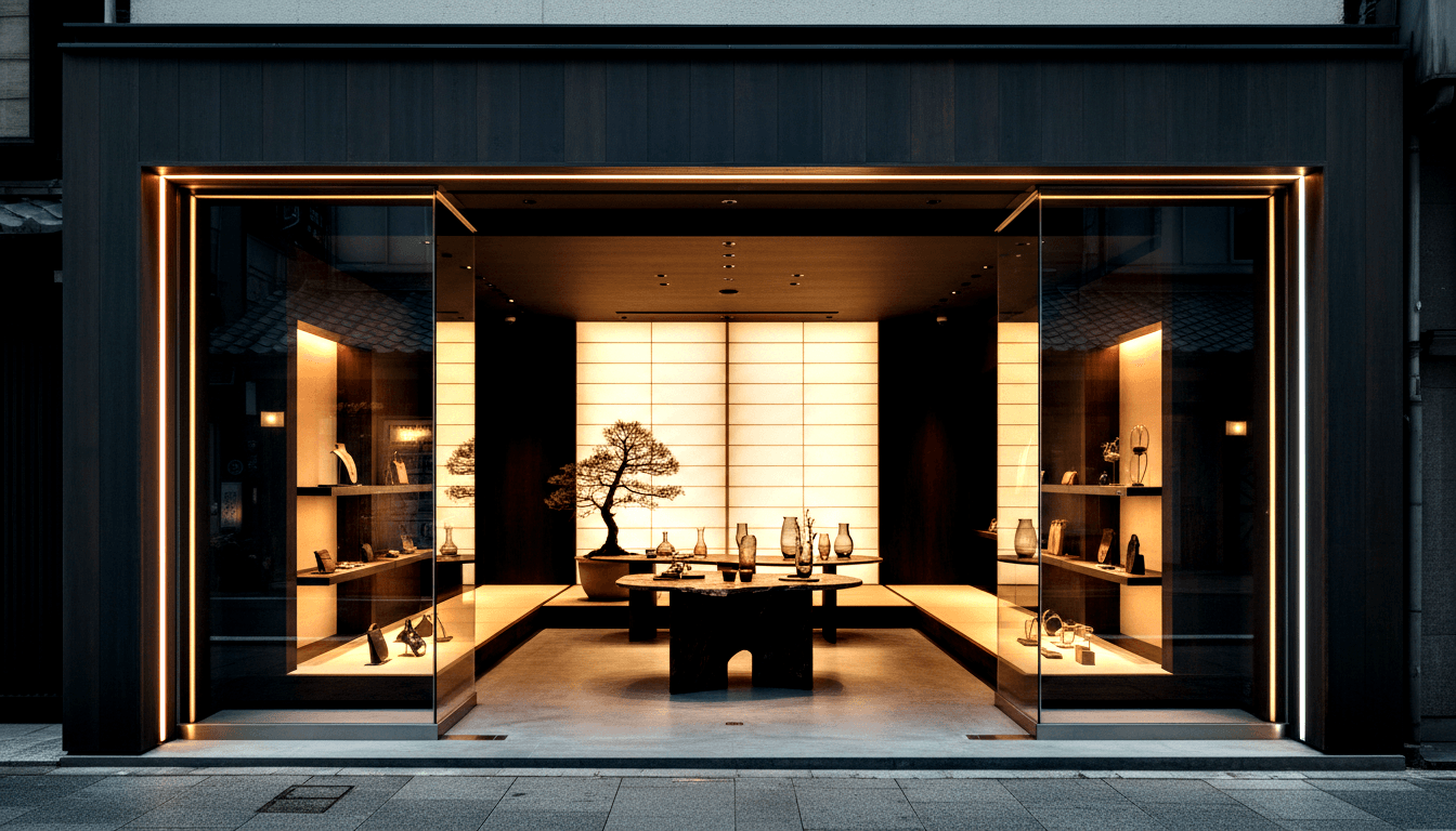 Boutique storefront at night: charcoal facade, clay tiles, amber-lit interior with bonsai plinth and backlit rear panel.