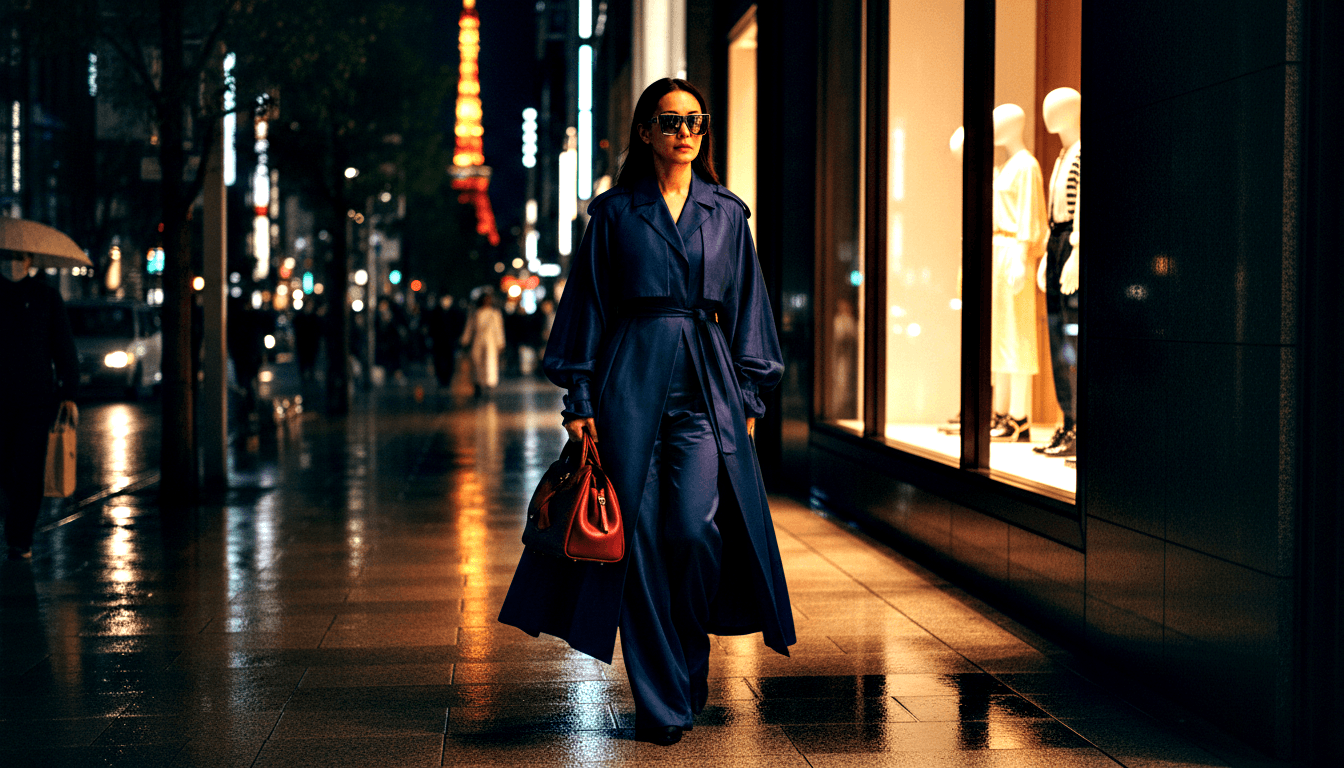 Woman in navy belted trench coat and wide-leg trousers carrying a red-burgundy handbag walks on a wet night-time urban sidewalk.