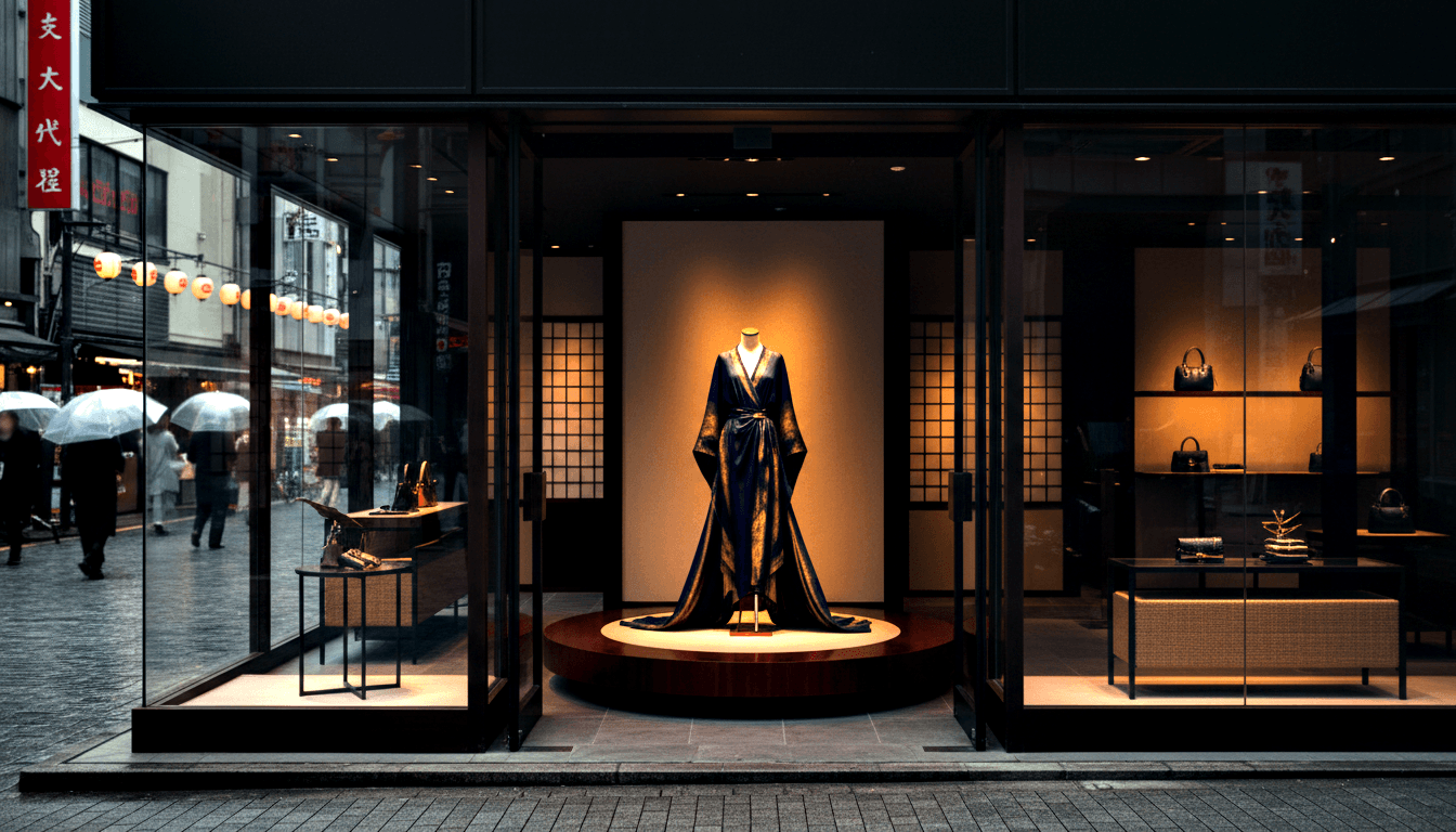 Store façade with dark metal framing; center window: navy and gold wide-sleeved gown on mannequin; flanking windows: handbags.