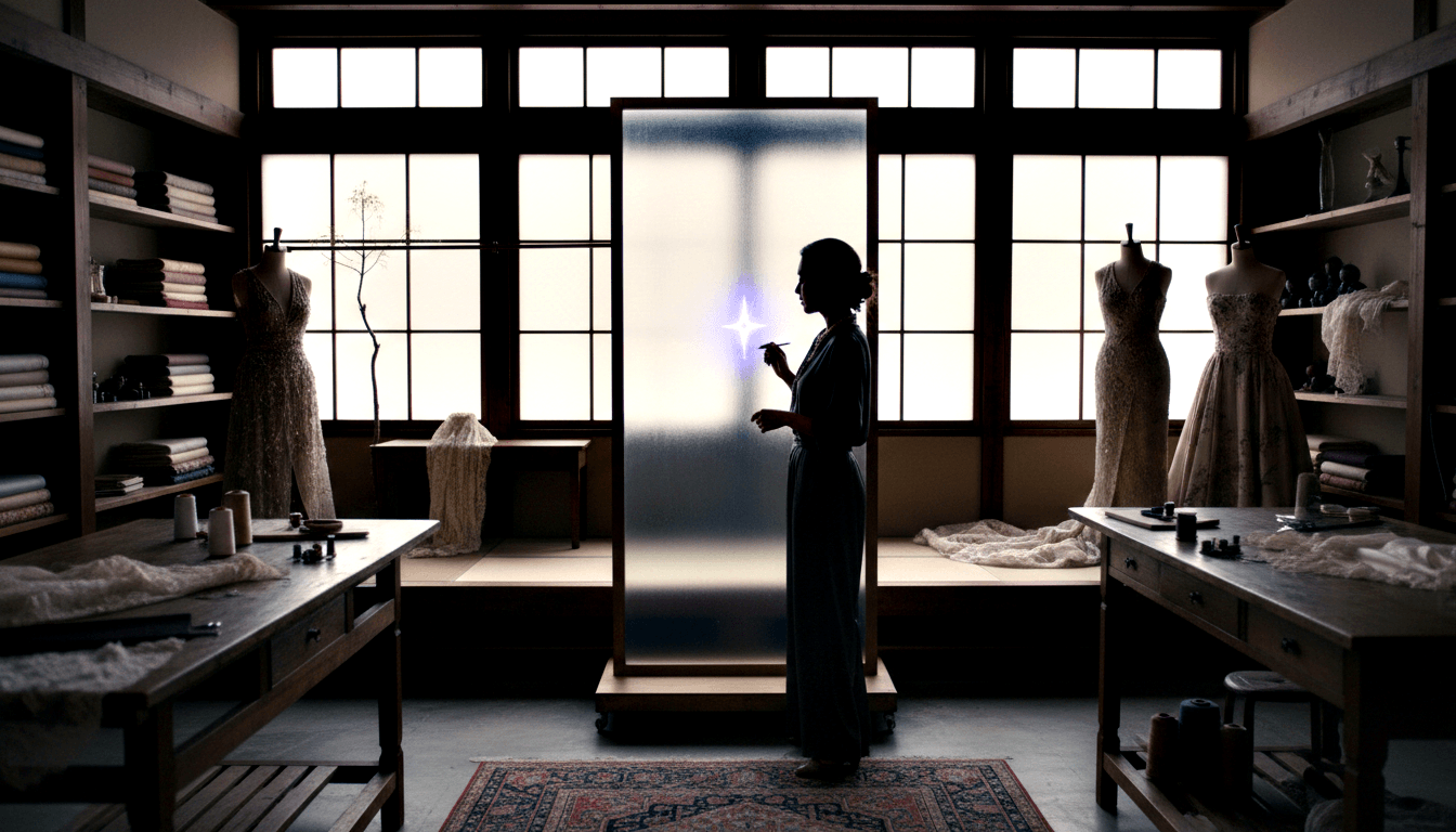 Silhouetted woman in profile holds an object emitting a star-shaped flare before a glowing frosted panel in a symmetrical atelier.