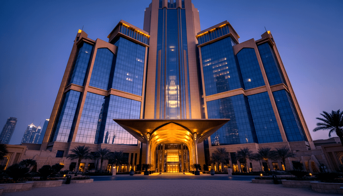 Tall glass curtain-wall tower at twilight with pointed arch entrance canopy, amber-lit porte-cochère, and palm-lined forecourt.