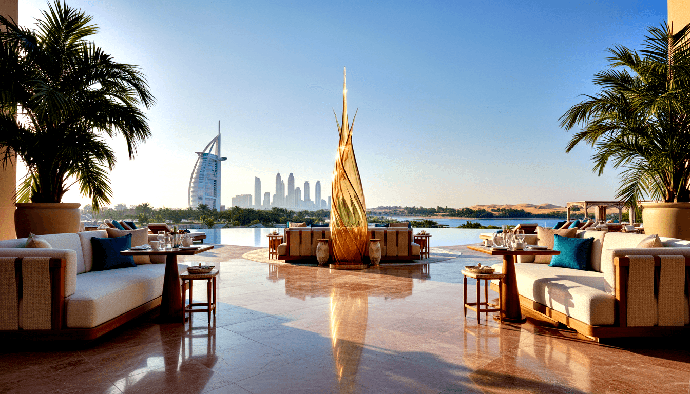 Open-air terrace lounge with white sofas, blue-teal cushions, palms, a golden flame sculpture, infinity pool, and sail-shaped tower skyline.