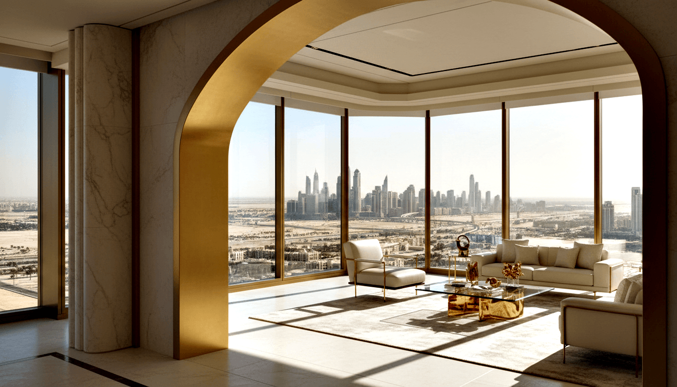 High-rise living room with gold arch, cream seating, brass coffee table, marble wall, and floor-to-ceiling windows overlooking desert skyline.