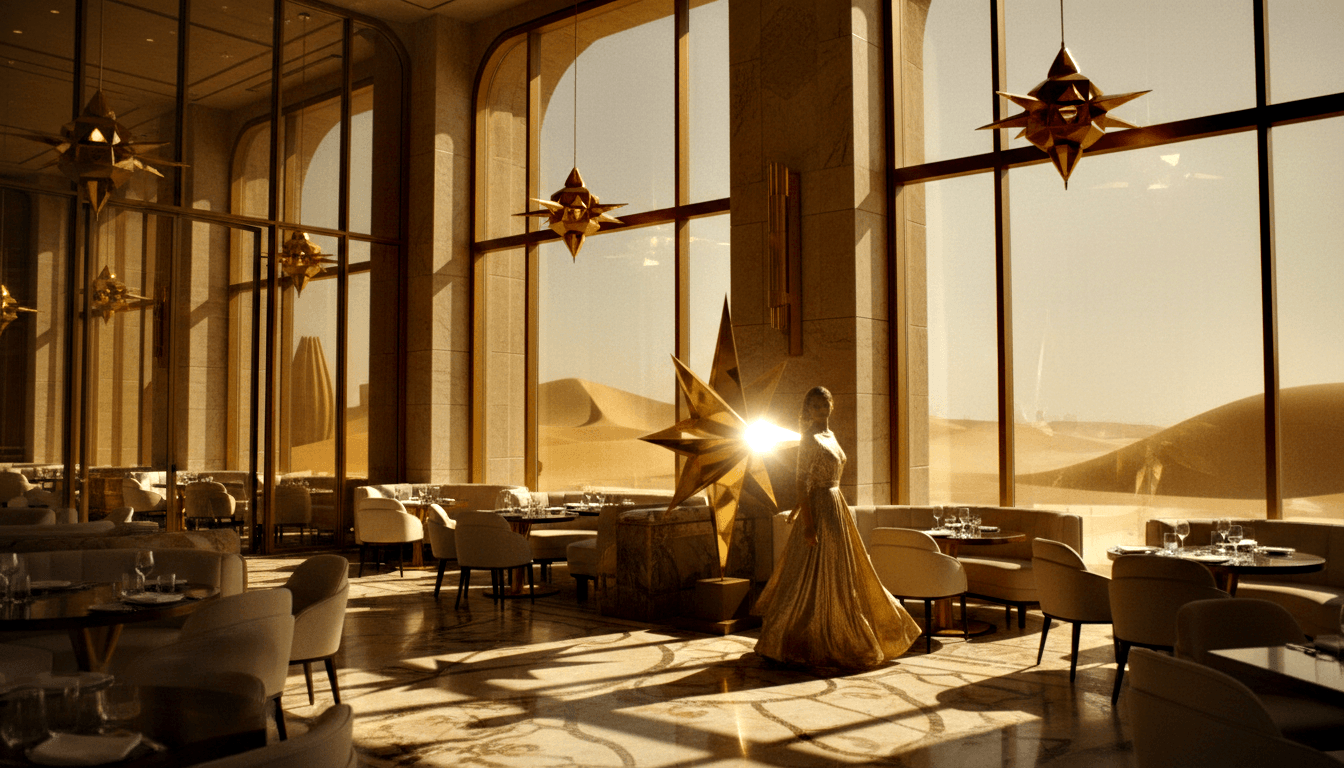 Figure in wide-skirted golden gown stands in vast stone dining room with arched windows revealing desert dunes at golden hour.