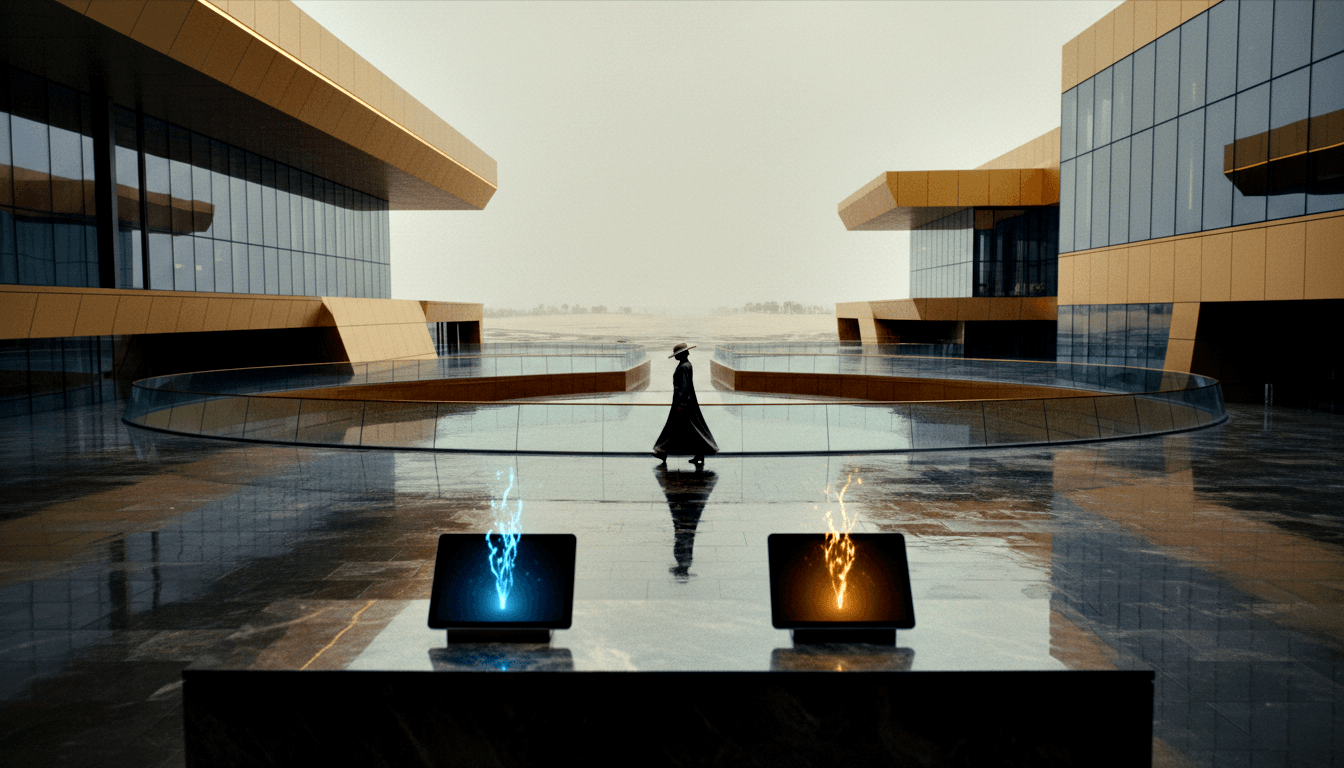 Silhouetted figure walks between two modernist buildings; foreground screens glow blue and amber on wet reflective surface.