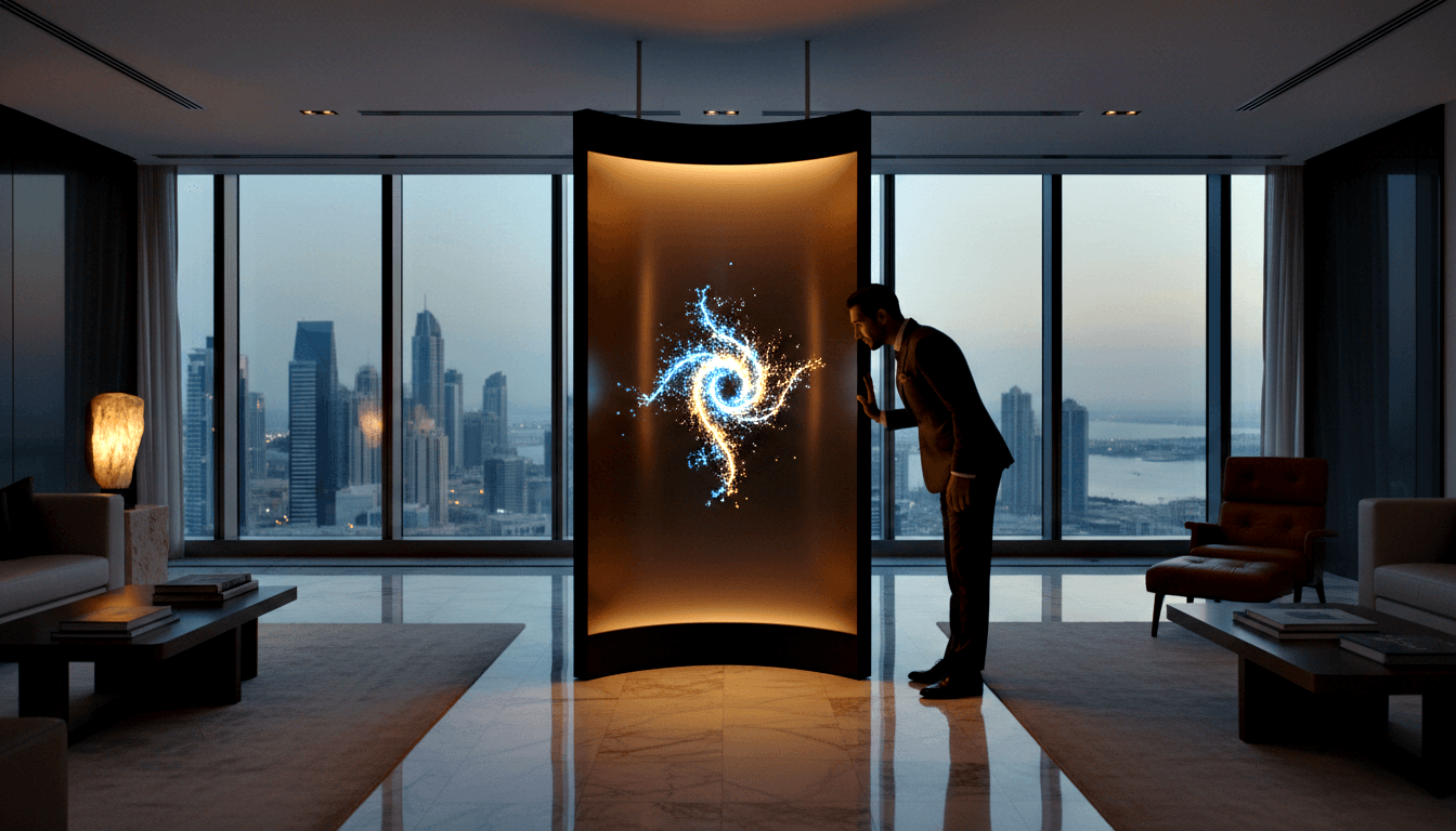 Man in dark suit leans on a large curved panel emitting a glowing blue-gold swirling vortex in a dimly lit room with waterfront skyline views.