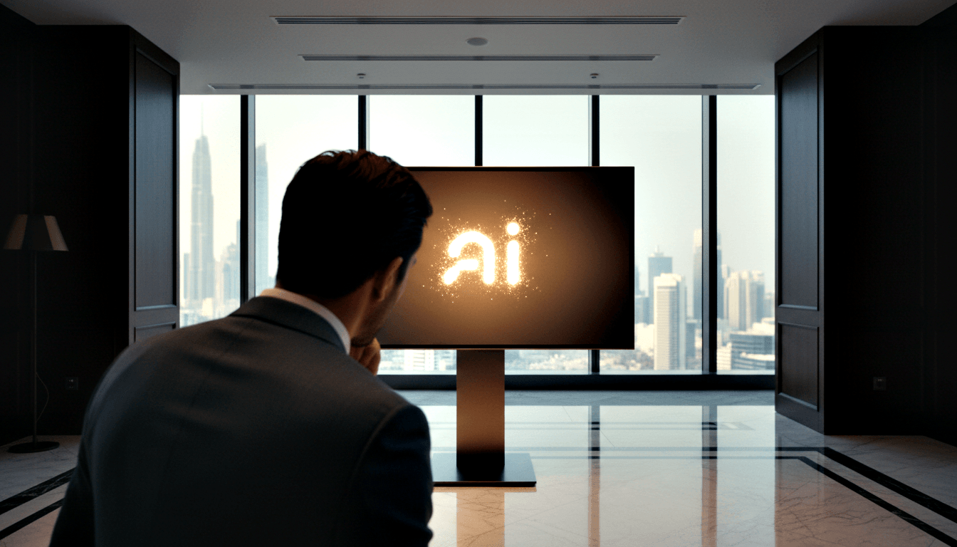 Person in dark suit seen from behind, hand raised to chin, facing a large pedestal monitor displaying glowing golden 'ai' letters.