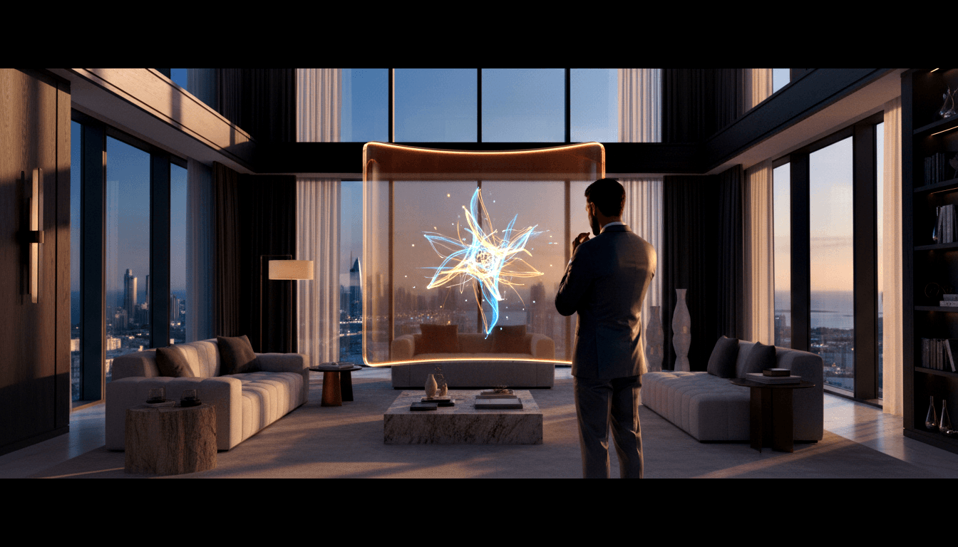 Man in dark suit, seen from behind, faces glowing copper-framed holographic starburst with blue and gold light, cityscape beyond.
