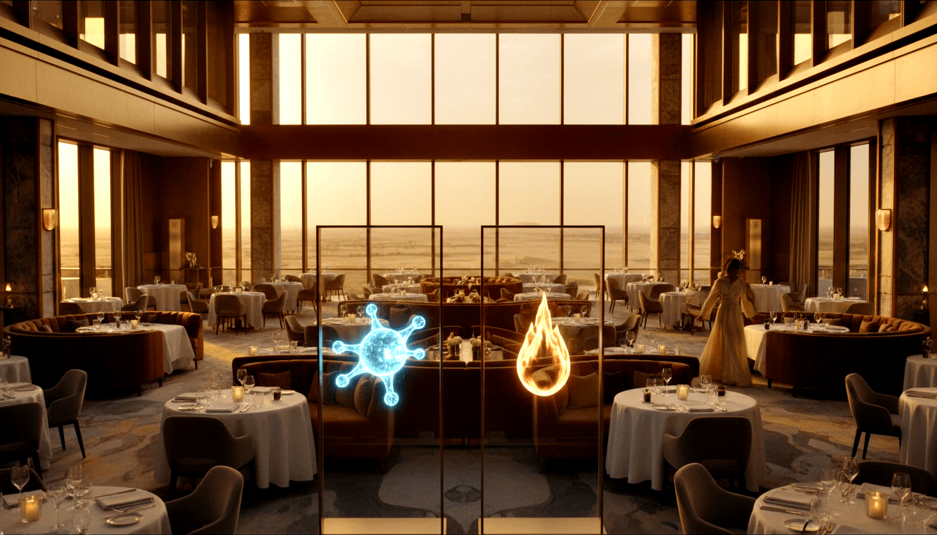 CGI fine dining interior with holographic blue molecular and orange flame icons; white-linen tables, rust booths, woman in cream gown.