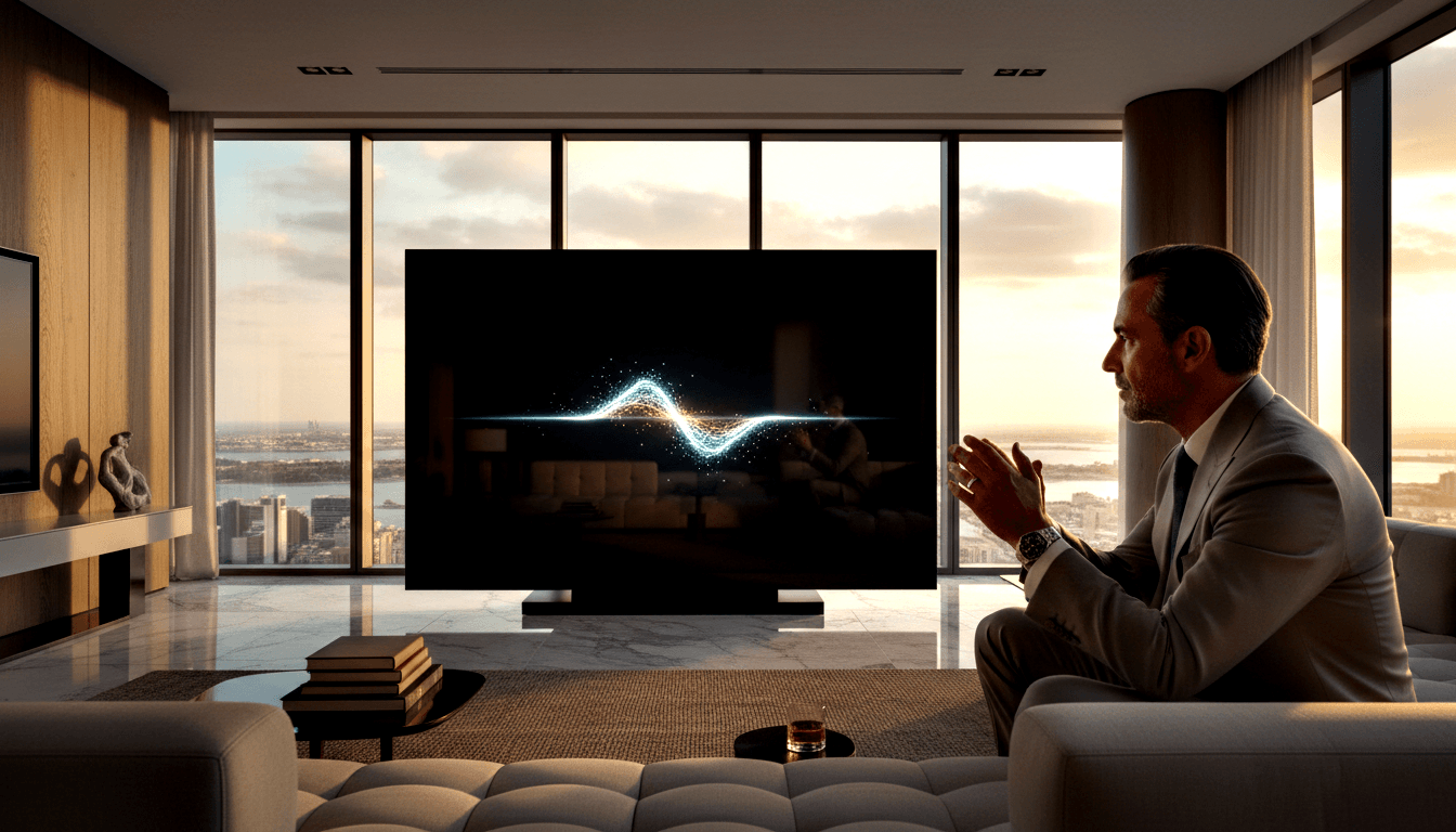 Middle-aged man in gray suit sits in profile on cream tufted sofa watching a flatscreen TV showing a glowing particle waveform animation.