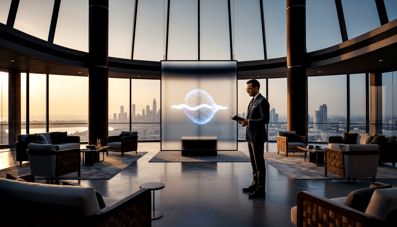 Man in charcoal suit and glasses stands before a glowing holographic sphere on a transparent display in a penthouse lounge at dusk.