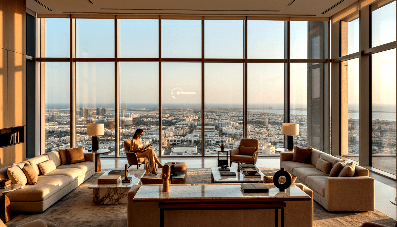 Woman in cream wide-leg trousers sits reading in armchair flanked by floor lamps, cream sofas, marble coffee tables, floor-to-ceiling city views.