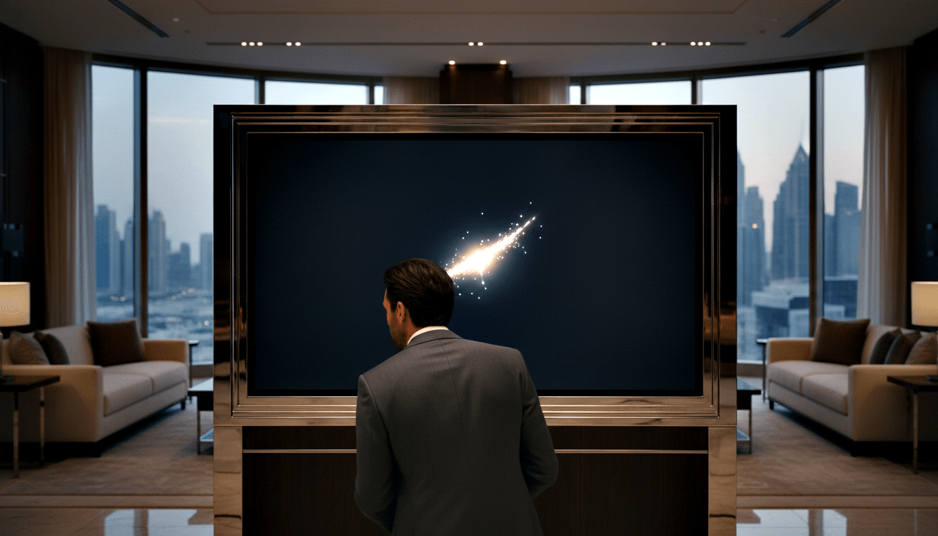 Man in charcoal suit seen from behind faces a large ornately framed flat-screen above a chrome fireplace in a symmetrical room.