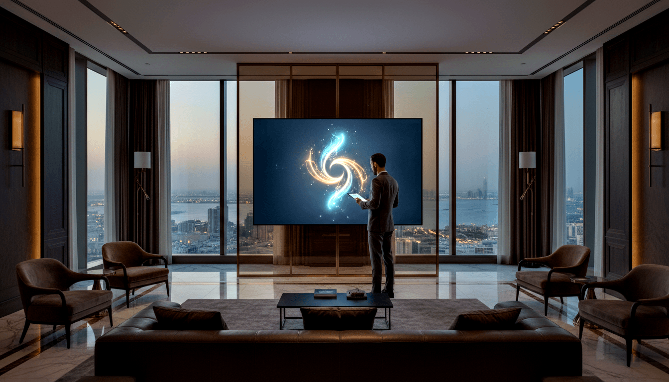 Man in dark suit seen from behind holding a tablet facing a large wall screen displaying a swirling blue and gold vortex in a high-rise room.