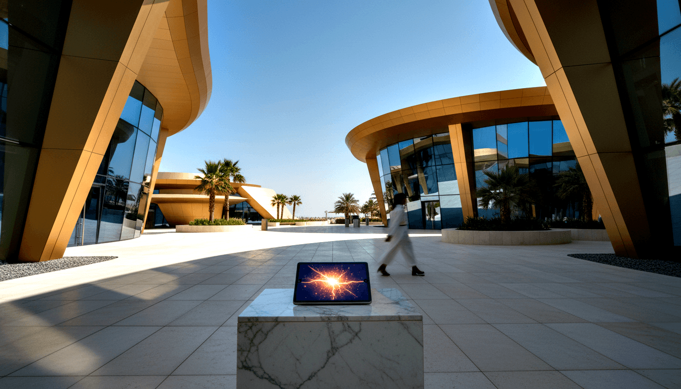 Tablet with orange-gold starburst on dark blue screen on white marble pedestal in plaza flanked by curved glass buildings.