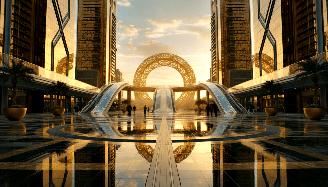 Massive golden latticed torus at plaza center, flanked by twin glass-and-steel skyscrapers, with silhouetted figures on reflective stone floor.