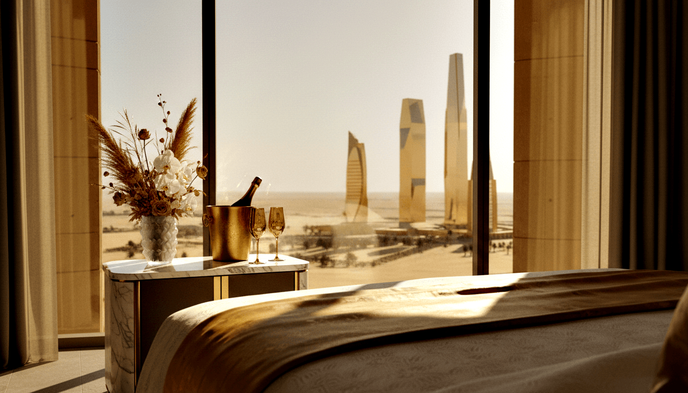 Hotel suite: gold ice bucket, flutes, and floral vase on marble table beside cream bed; desert plain and gold towers outside.