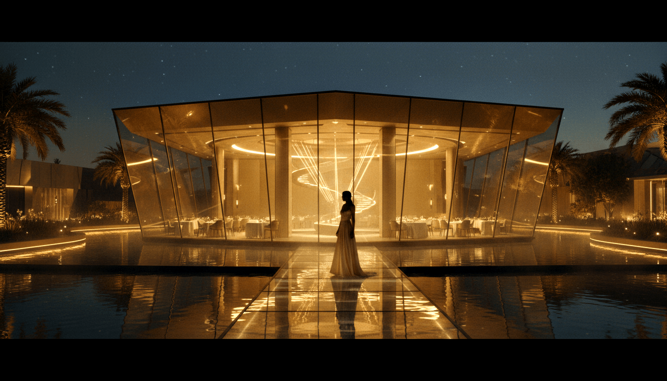 Woman in long cream gown on reflective walkway at night facing a glowing glass pavilion with spiral light installation inside.