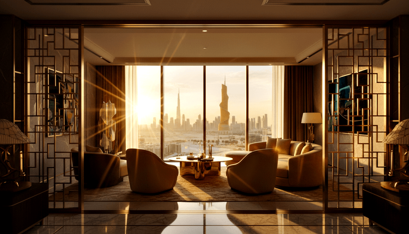 CGI high-rise interior: gold lattice panels, cream armchairs, brass coffee table, marble floor, cityscape with spiraling tower beyond.