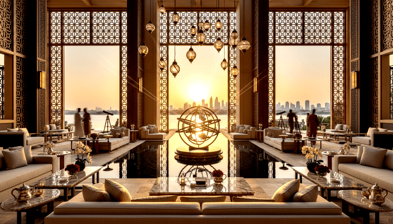 Brass armillary sphere on central pedestal flanked by cream sofas, with a reflective pool leading to latticed windows and a waterfront skyline.