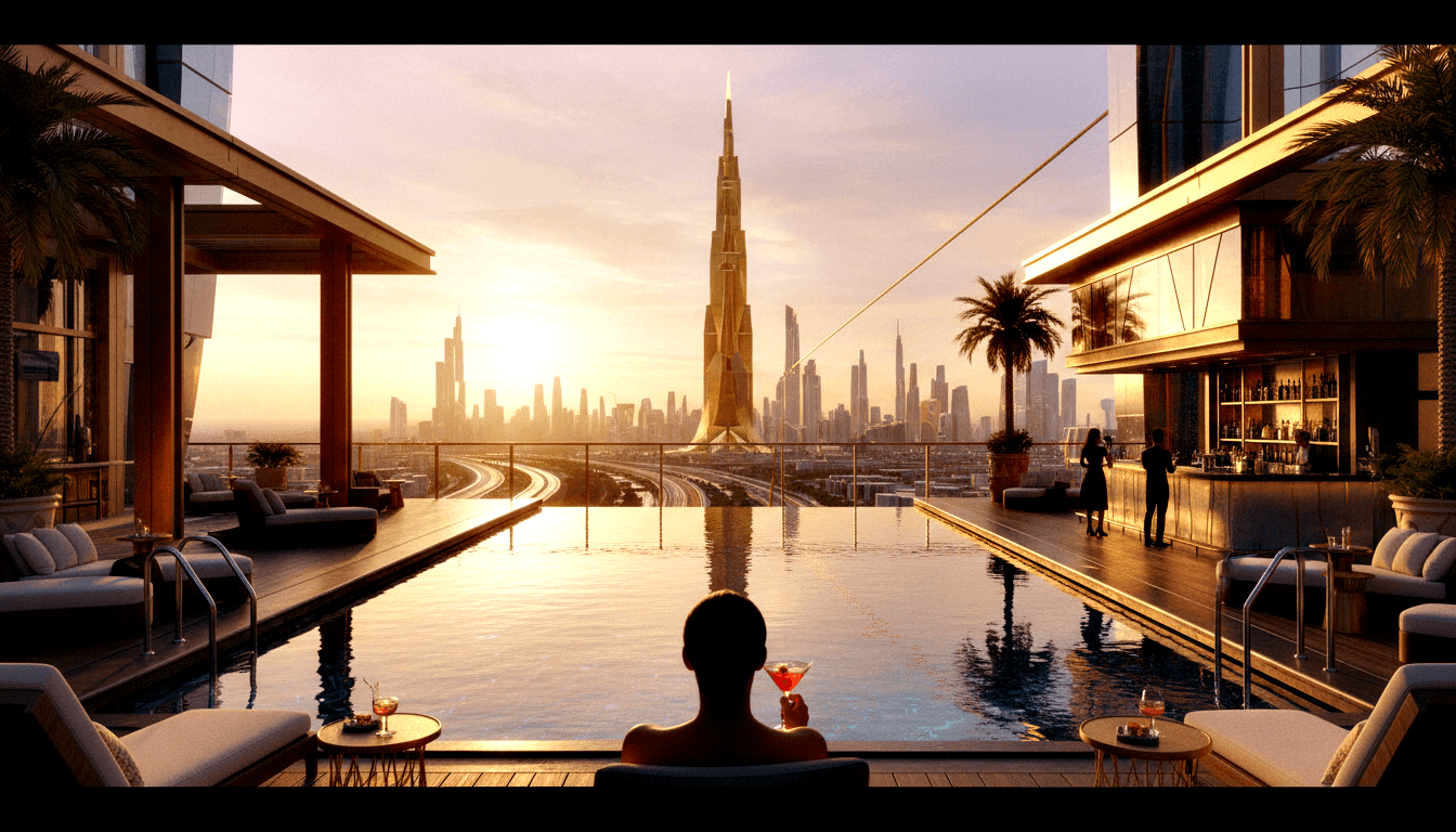 Bare-shouldered person sits at infinity pool edge, back to camera, holding cocktail, facing urban skyline with gold skyscraper at sunset.