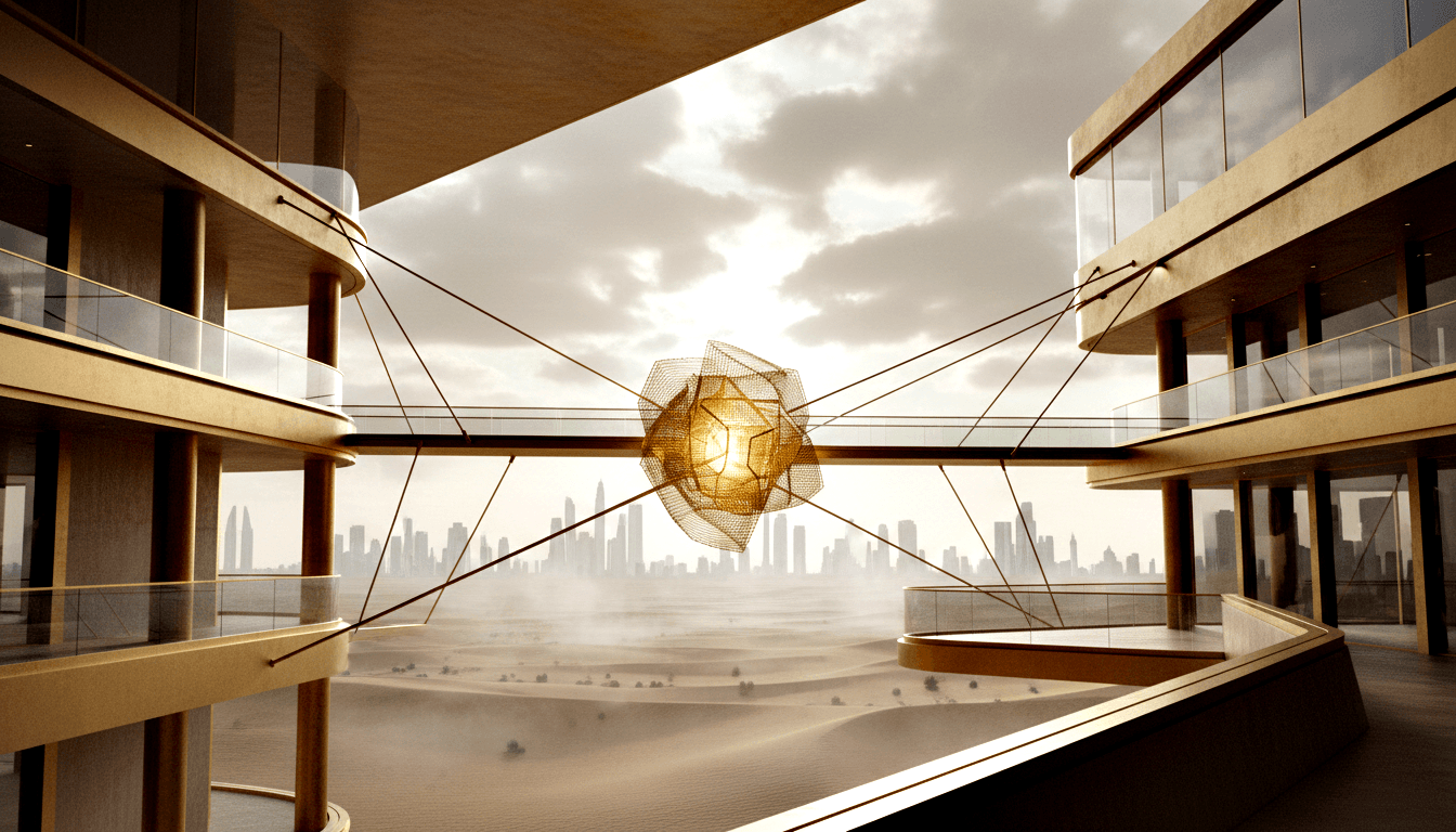 Multi-level atrium with beige columns, glass railings, and a golden geometric mesh orb suspended by cables, opening onto desert dunes.