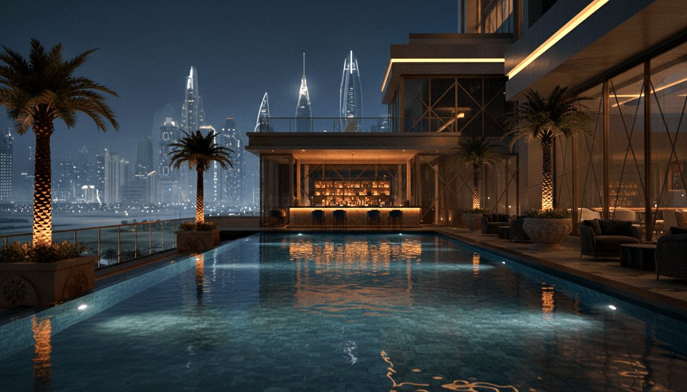 Rooftop infinity pool at night with teal water leading to an amber-backlit bar, flanked by uplighted palms and a distant illuminated skyline.