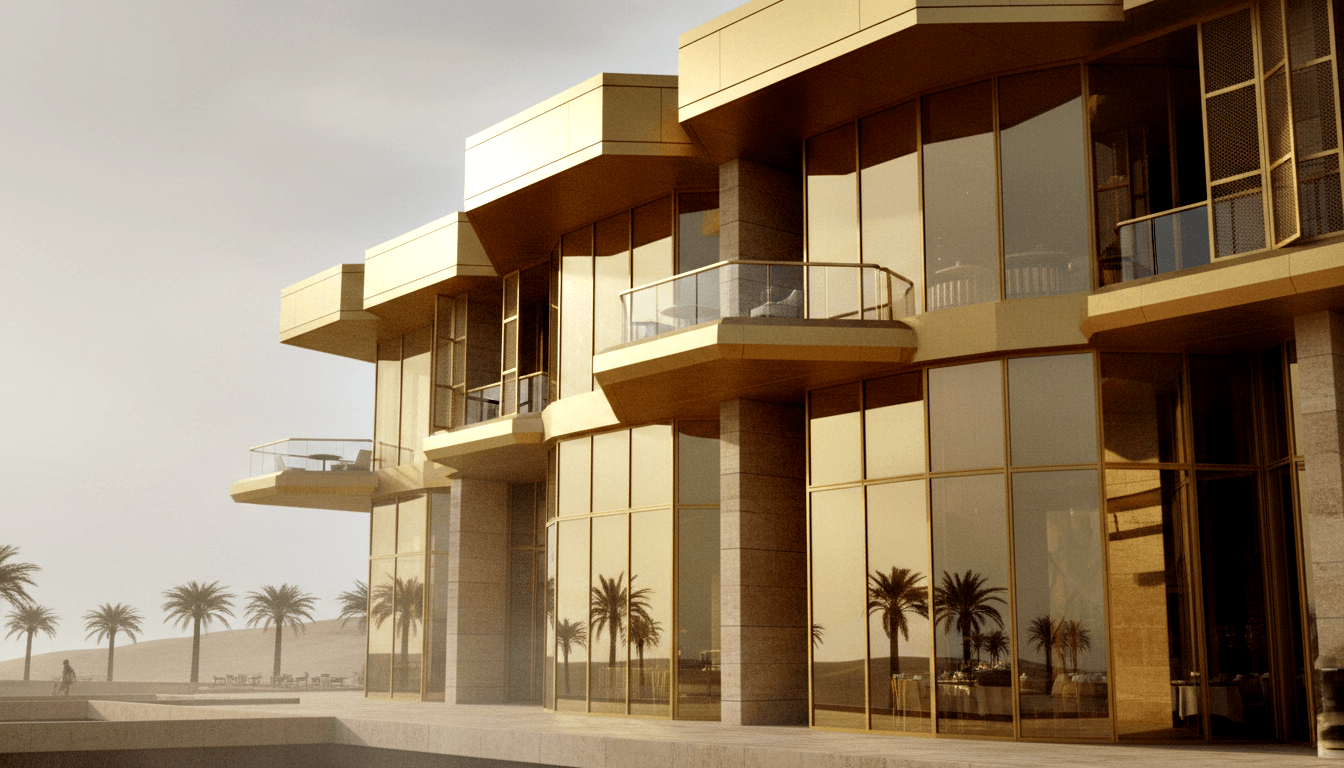 CGI render of tall building with gold glass curtain walls, cantilevered balconies, cream slab edges; low-angle shot, palm trees, hazy sky.