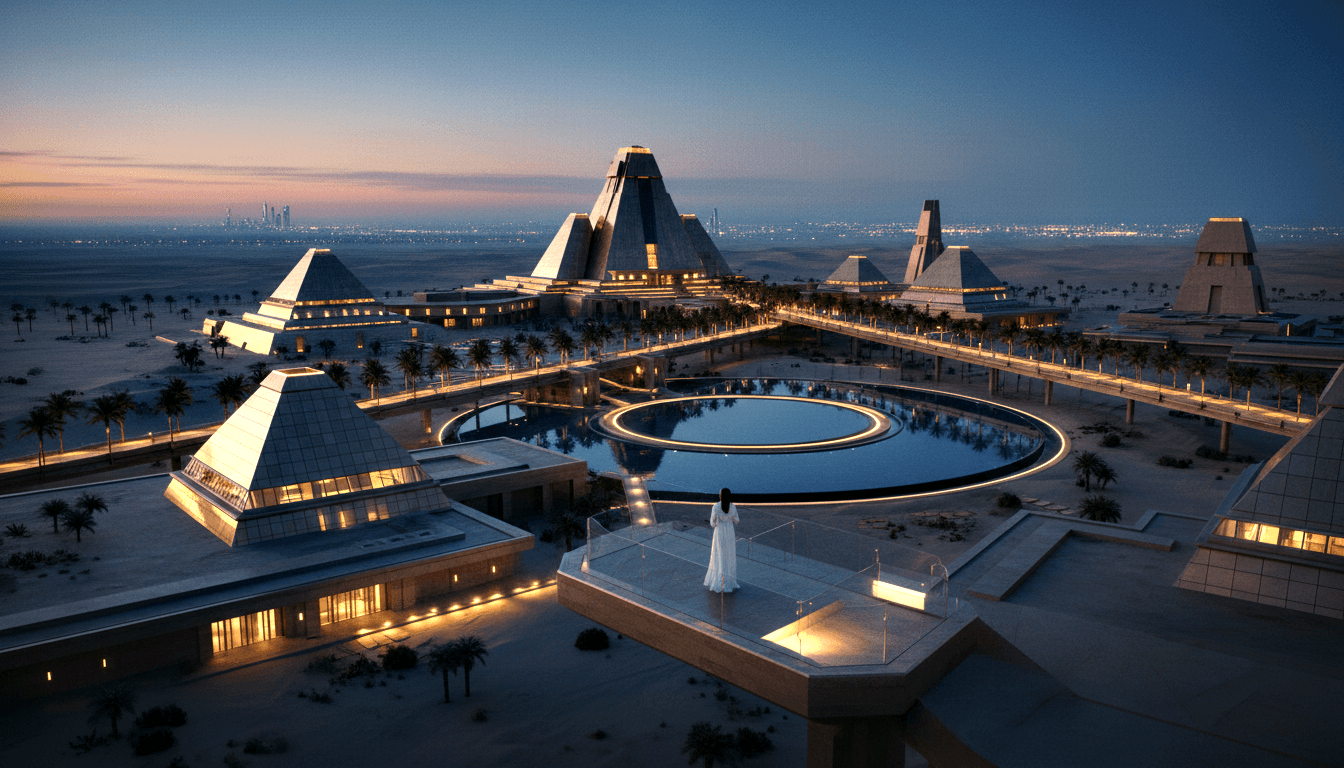 CGI of 5–6 desert pyramids with amber-lit bases encircling a glowing circular reflecting pool, viewed from elevated angle at dusk.