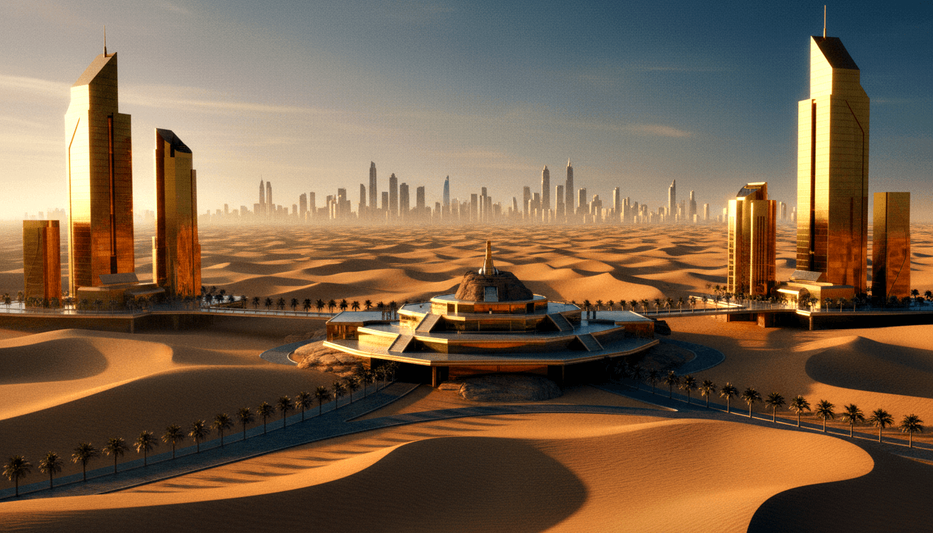 CGI futuristic desert complex with multi-tiered circular building, golden dome spire, and golden-glass skyscrapers rising from sand dunes.