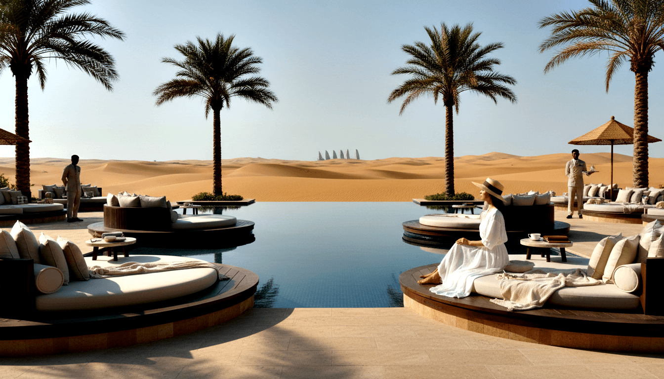 Desert resort terrace with dark infinity pool, cream daybeds, straw umbrellas; woman in white kaftan and straw hat sits at right.