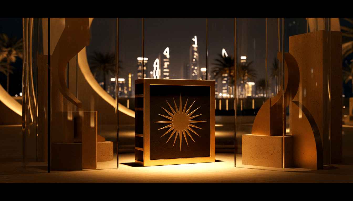 Gold-framed sunburst panel on black wall, flanked by tall glass panels revealing a nighttime cityscape with illuminated towers and palm trees.