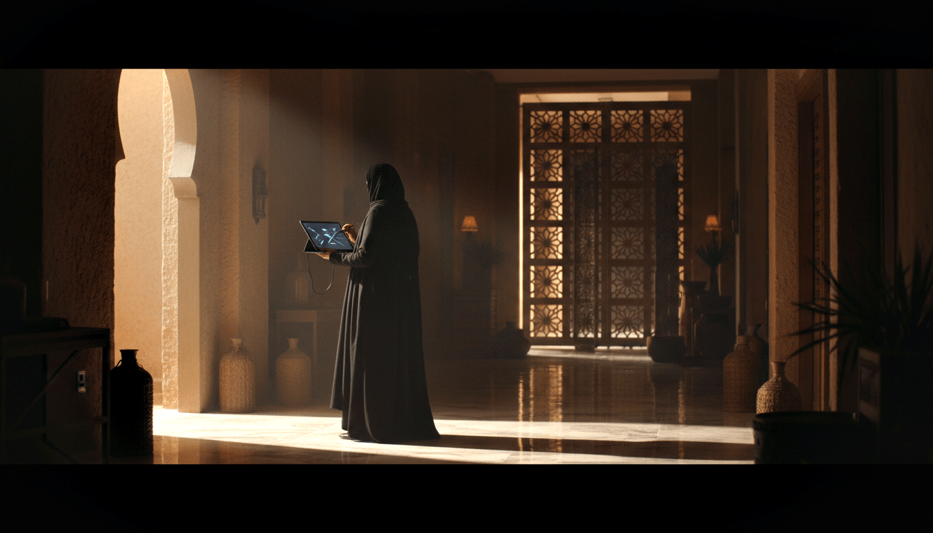 Figure in black abaya holds glowing blue tablet in ornate interior with arched doorways, lattice screens, and amber volumetric light.