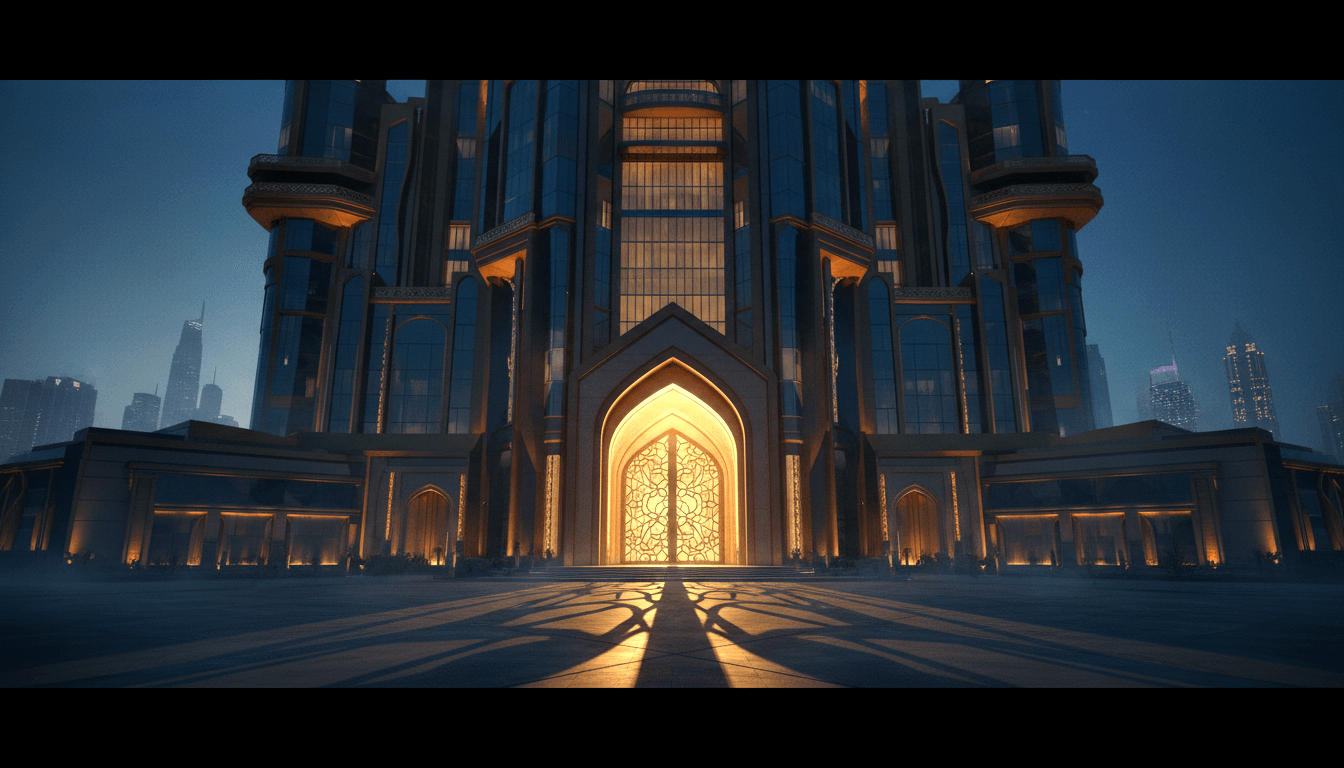 CGI monumental pointed arch with arabesque latticework and colonnaded wings before a glass-and-steel skyscraper at twilight.