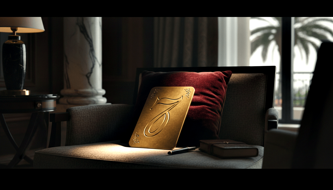 Gold metallic plaque with embossed cursive '7' leaning against crimson velvet pillow on charcoal sofa, black pen and dark case beside it.