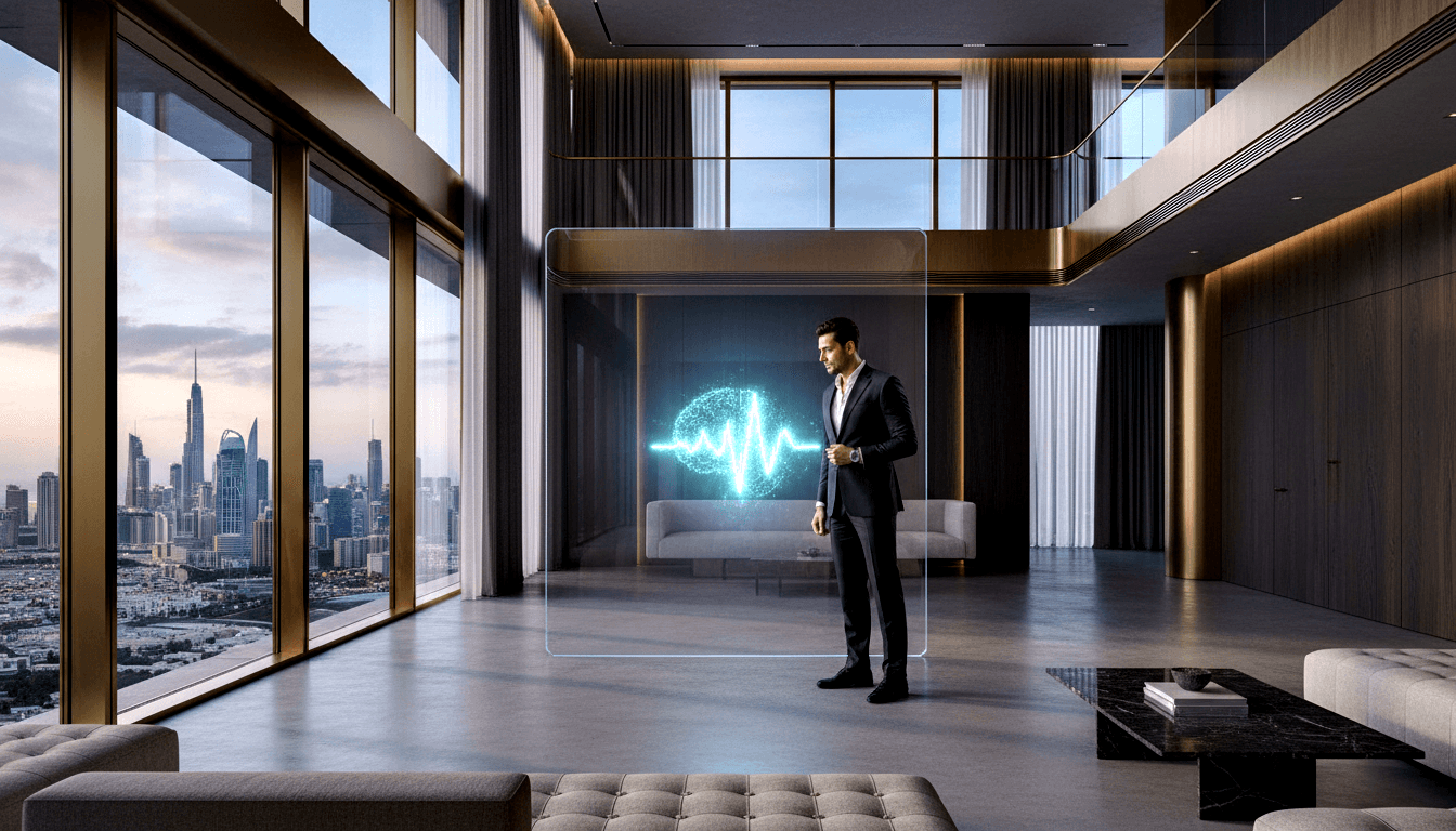 Dark-haired man in dark suit stands before a holographic panel showing a cyan heartbeat waveform and glowing sphere in a penthouse at dusk.
