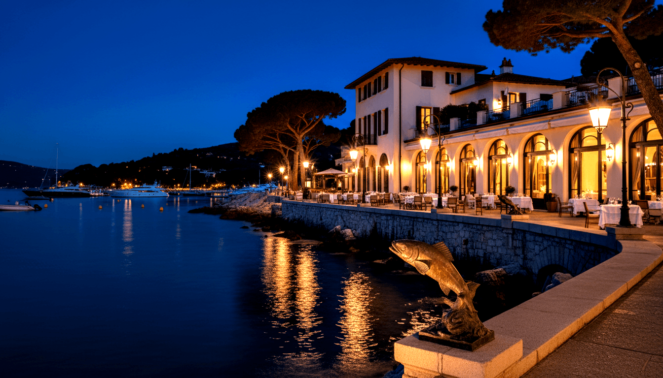 White waterfront building with arched windows, amber lighting reflected on harbor water; bronze fish sculpture and dining tables in foreground.