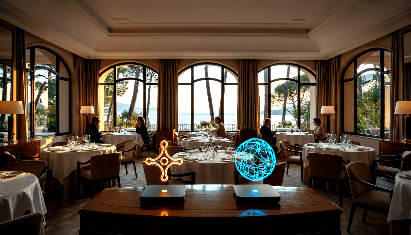Formal dining room with coffered ceilings, arched windows, and two devices projecting amber cross and cyan sphere holograms.