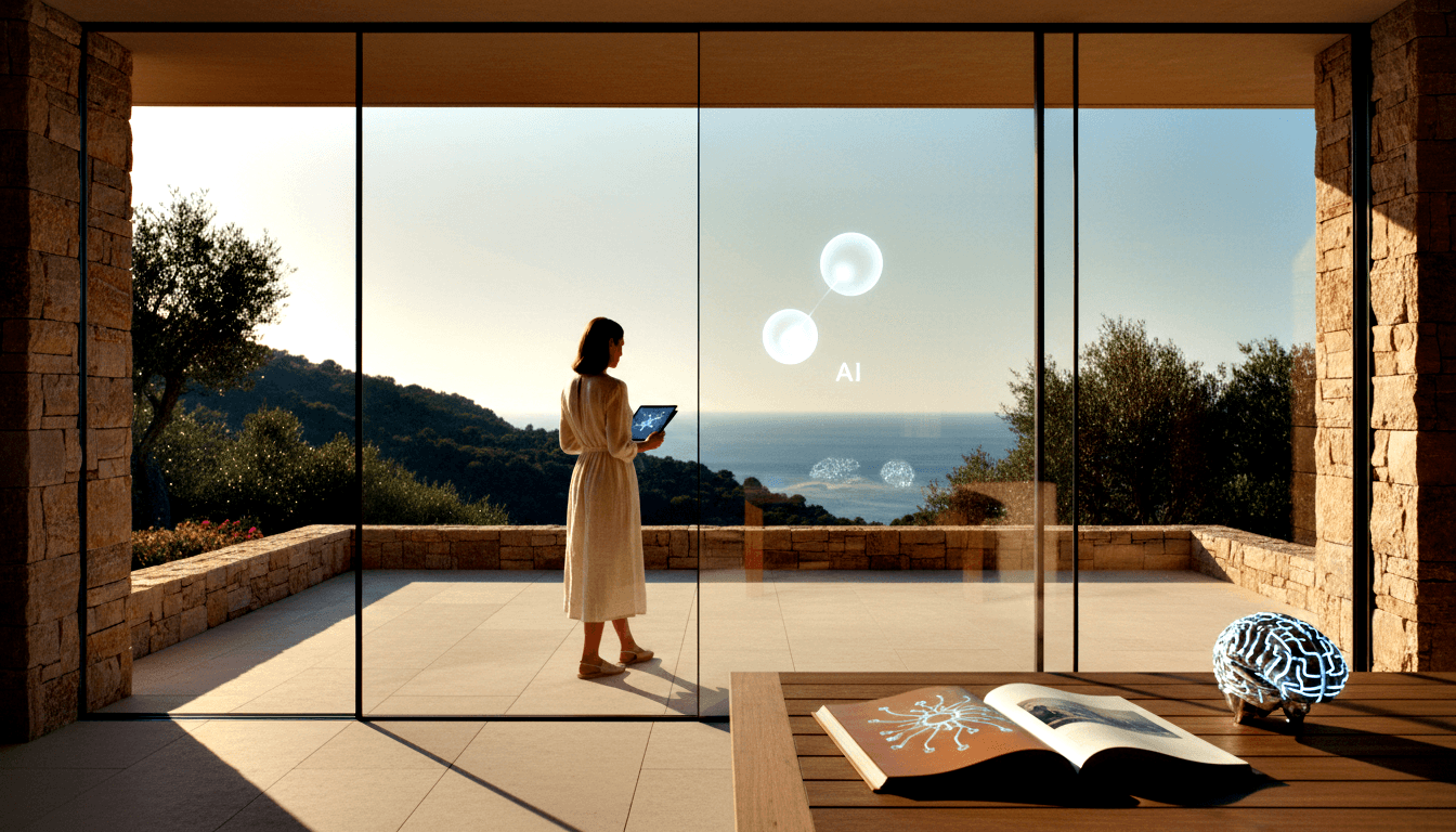 Woman in cream dress on villa terrace holds glowing tablet; holographic AI/neural graphics, brain sculpture, and coastline views surround her.