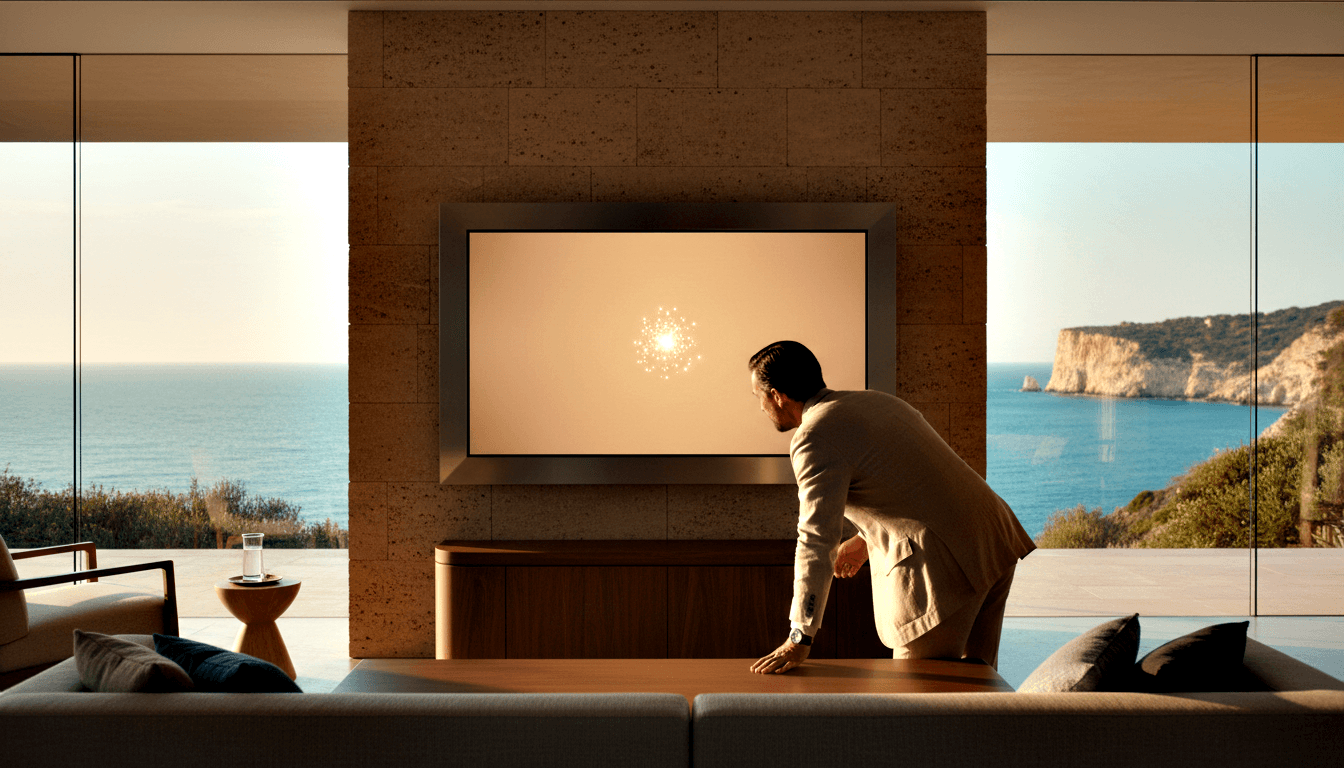 Man in beige blazer leans over walnut console examining wall-mounted TV on travertine wall, floor-to-ceiling glass reveals turquoise sea.