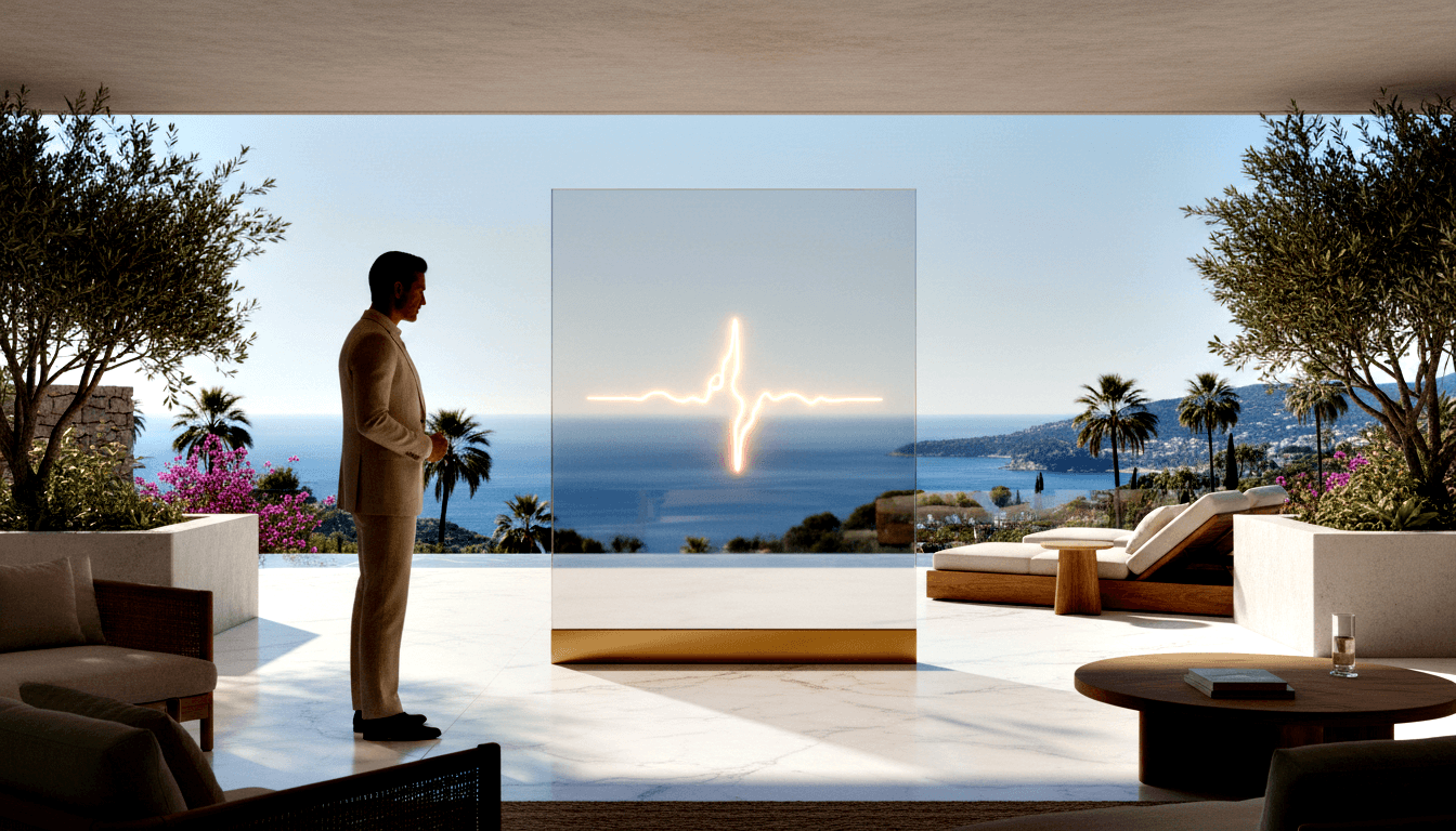 Man in beige suit faces glowing heartbeat waveform on transparent panel; open interior overlooks blue sea and palm trees.