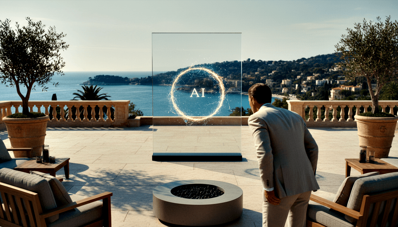 Man in beige suit seen from behind leaning toward a glass panel displaying a glowing golden ring with 'AI' at center on a stone terrace.