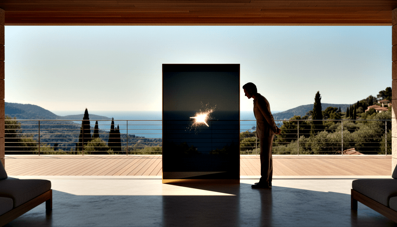 Person standing beside a large dark panel with a golden-white burst design, near a terrace overlooking hills, cypress trees, and water.