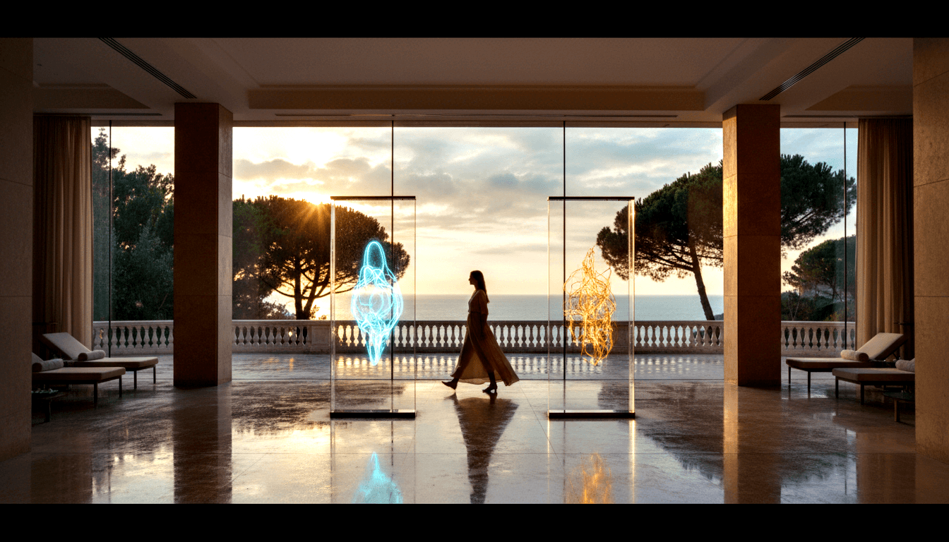 Silhouetted woman in flowing dress walks between cyan-lit and amber-lit glass display cases in a grand pavilion with sea horizon beyond.