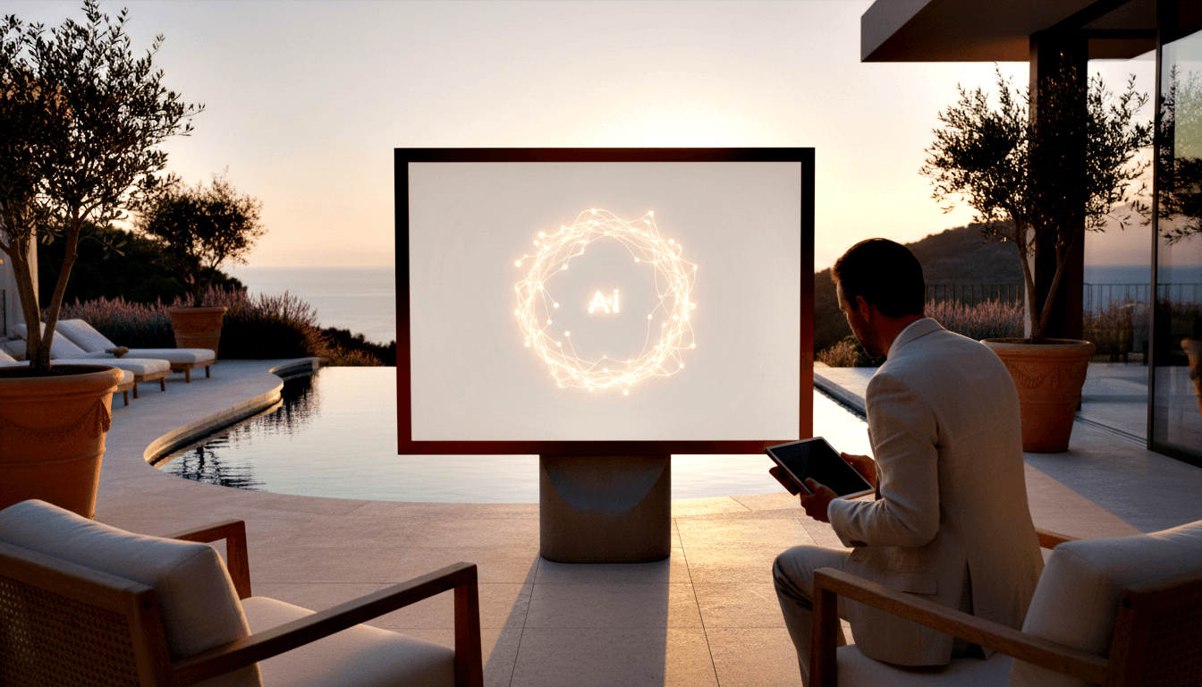 Man from behind on terrace holding tablet, facing lit pedestal screen with glowing AI graphic; infinity pool and dusk horizon.